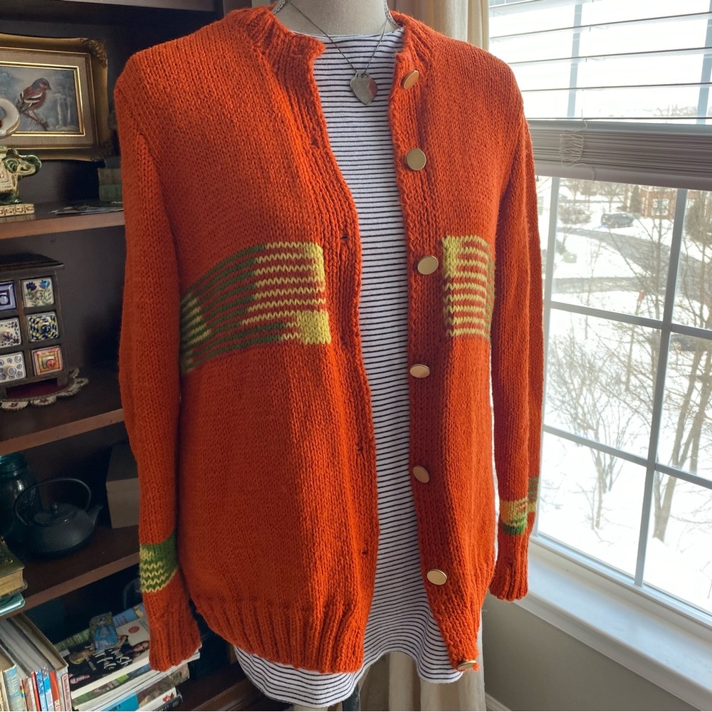 Hand Knit Sweater Orange Gold Buttoned Size Large EUC